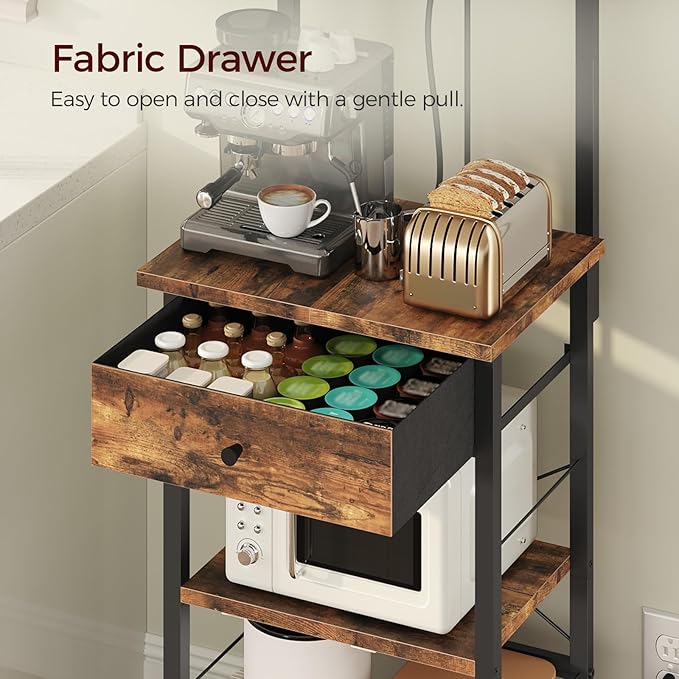 Bakers Rack with Drawer, Microwave Stand with Power Outlet, Coffee Bar Station with 4 Hooks, Kitchen Storage Shelf Rack 4 Tiers, for Kitchen, Dining Room, Rustic Brown and Black BRHR48E01