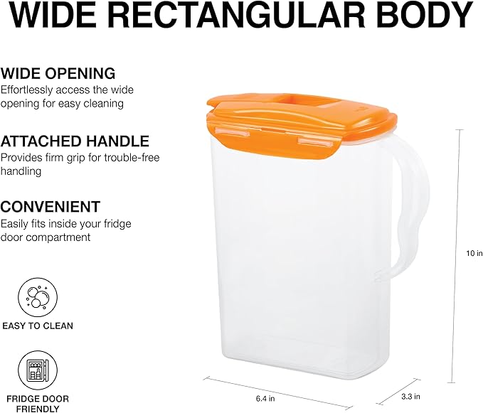 LocknLock HAP607ORG Aqua Fridge Door Water Jug with Handle, BPA-Free Plastic Pitcher with Flip-Top Lid and Easy-Pour Spout for Water, Juice, Tea, and Other Drinks, 3-Quart, Orange