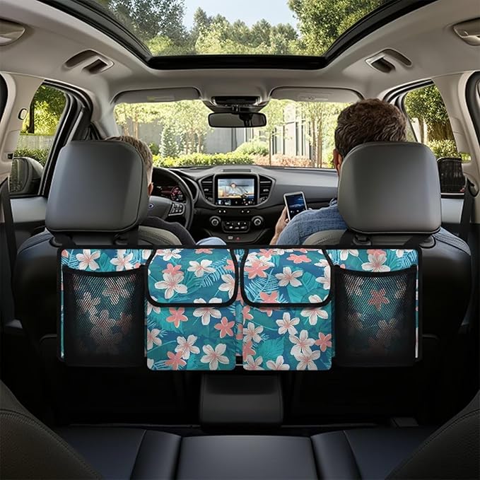 CLOHOMIN Hibiscus Trunk Organizer for Car Palm Leaves Car Backseat Hanging Organizer for SUV Van Cargo Storage Collapsible with 4 Pockets Adjustable Straps