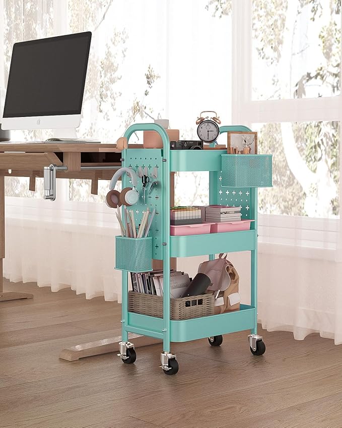 ALVOROG 3 Tier Rolling Cart with DIY Pegboards Metal Utility Cart with Wheels Handles Baskets Hooks, Craft Cart for Office Kitchen Bathroom(Tiffany Blue)