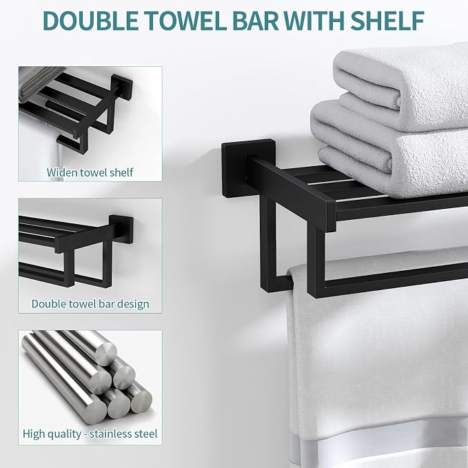 Towel Racks for Bathroom Wall Mounted, 24 Inch Double Towel Bar, Dual Towel Rack with Shelf, Stainless Steel Hand Towel Hanger, Bath Towel Holder for Wall, Black