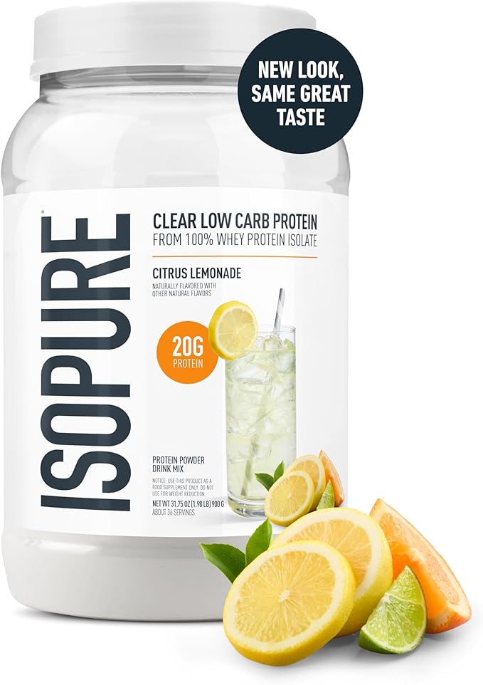 Isopure Clear Whey Isolate Protein Powder, Lactose Free, Gluten Free, Naturally Flavored, Citrus Lemonade, 20g Protein Per Serving, 1.9 Lb, 36 Servings (Packaging May Vary)