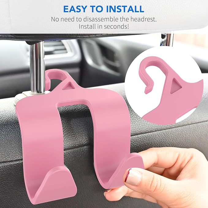 Car Headrest Hooks, Upgraded 2 in 1 Car Storage Headrest Hanger Holder Hooks Organizer, Universal Vehicle Backseat Hanger Interior Accessories for Handbag Purse and Bag Pink 2 Pack (CH06-Pink)