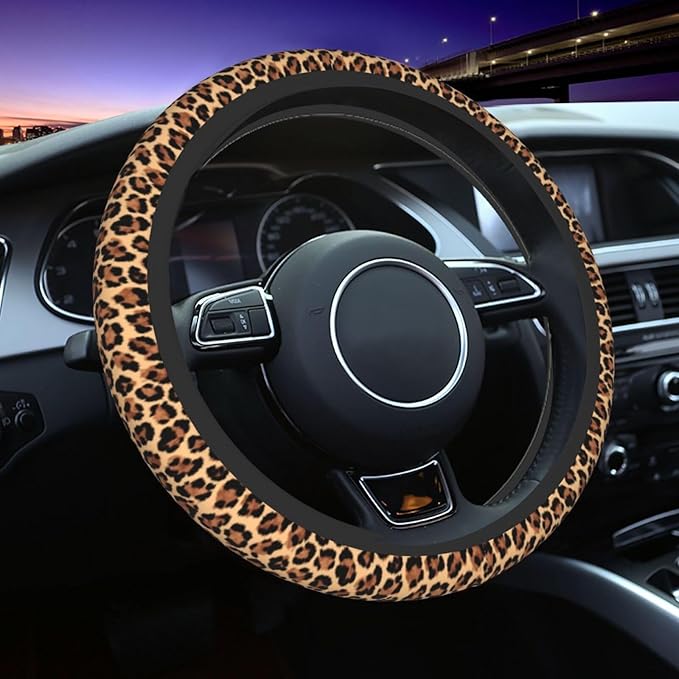 Leopard Print Steering Wheel Cover Elastic Non-Slip Car Steering Wheel Covers with Seat Belt Shoulder Pad for Women Men