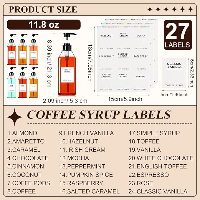 Nuogo 6 Pcs Coffee Syrup Dispenser Bottles Set 750ml, 500ml, 300ml, 150ml PET Black Syrup Bottles with Pump Dispenser 27 Labels for Coffee Bar Kitchen Accessories Portable Travel(11.8 oz,Prismatic)