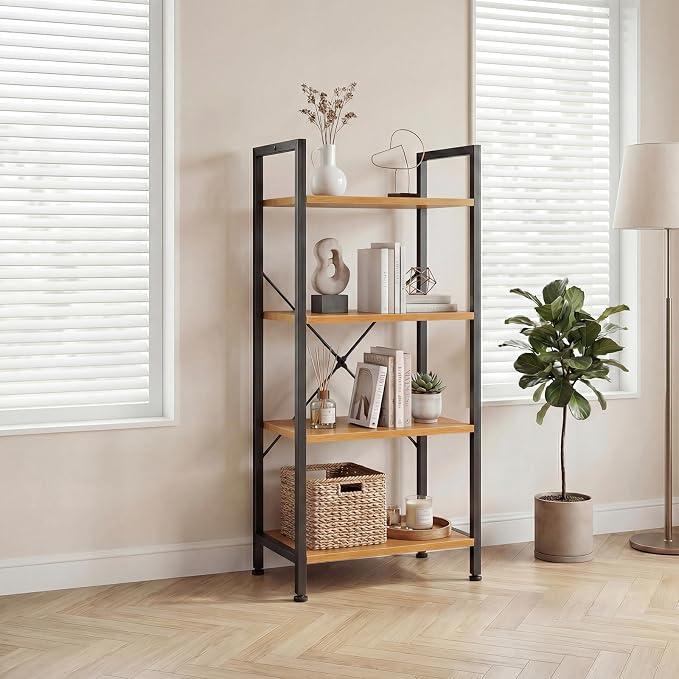 DUMOS 4 Tiers Open Bookshelf, Classic Freestanding Tall Display Shelf, Multifunctional Storage Organizer Rack for Living Room Home Office, Sturdy Bookcase for Books/Movies, Wood