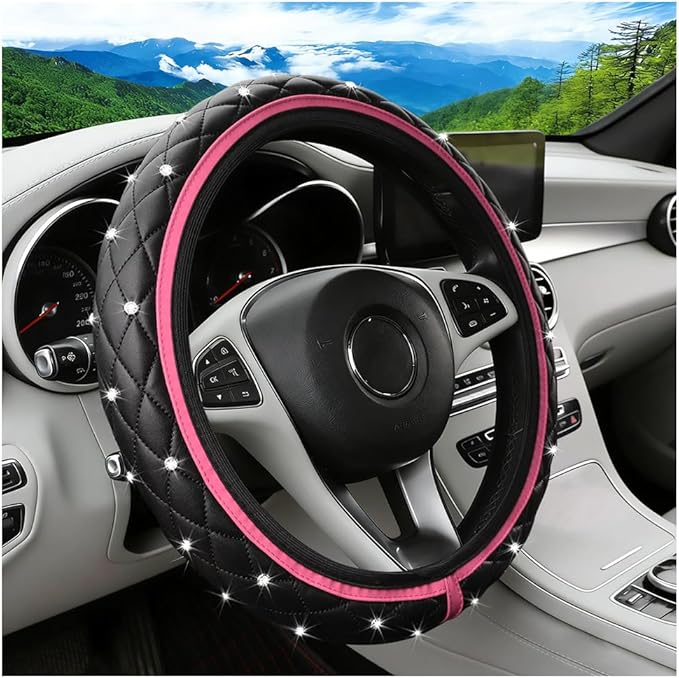 Bling Car Steering Wheel Cover, Rhinestones Elastic Leather Automotive Steering Wheel Protector, 15 Inch Sparkly Crystal Vehicle Interior Decor Accessories, Universal Fit (Pink)