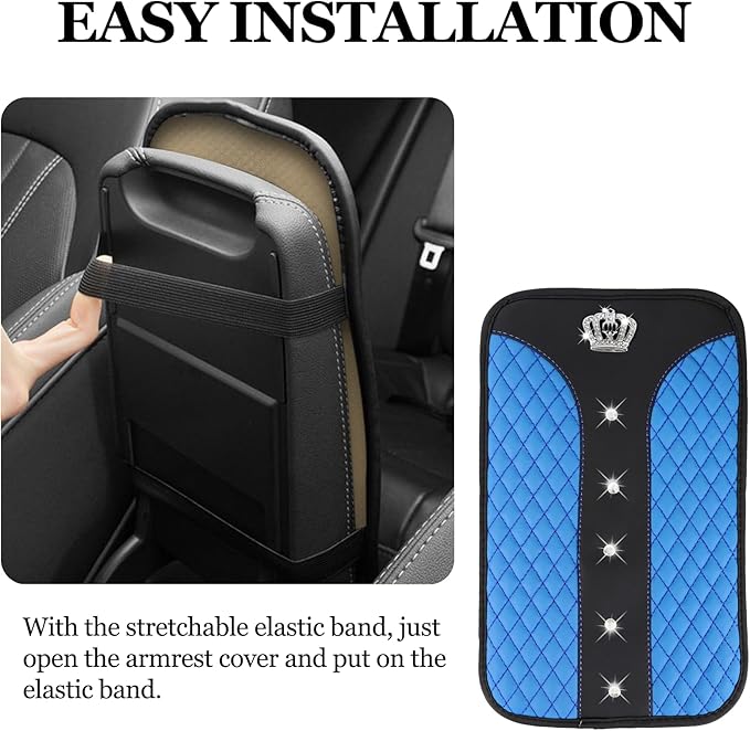 Bling Crown Car Center Console Cover, 12.7"×7.7" Armrest Cover for Cars, Waterproof Leather Arm Rest Box Pad Cushion, Universal Middle Console Cover Protector, Car Accessories (Blue)