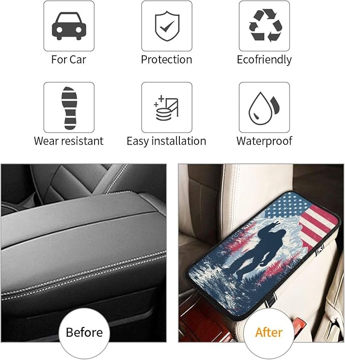 American Flag Bigfoot Sasquatch Center Console Cover Pad, Car Armrest Seat Box Cover Cushion Universal for Most Vehicle SUV Truck, Car Interior Accessories Decor, Protect from Pet Claws & Dirt