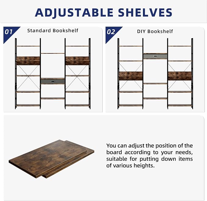 NUMENN Bookcases and Bookshelves Triple Wide 5 Tier Bookshelf, Large Etagere Bookshelf with Storage Drawer, Adjustable Open Display Shelves for Living Room Bedroom Home Office, Vintage Brown