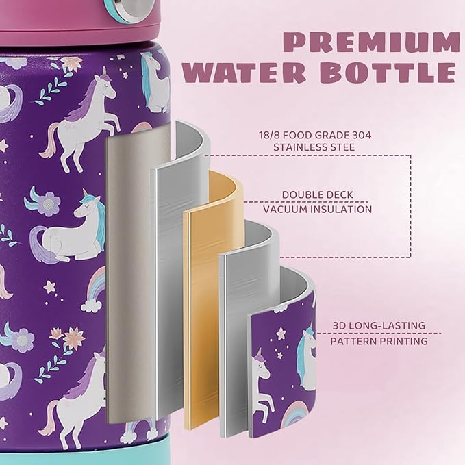 Kids Insulated Water Bottle with Straw Lid, 12 oz BPA-FREE Double Wall Vacuum Tumbler 18/8 Stainless Steel Leak Proof Kids Cups with Straw for School Travel Boys Girls (Unicorn)