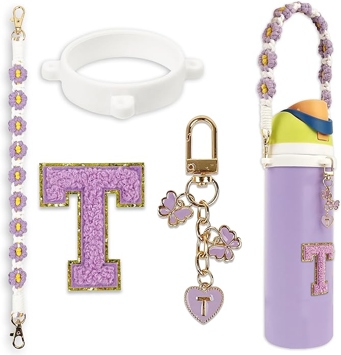 Compatible with Owala Water Bottle Accessories, Cute Letter Charm Set with Boho Handle Strap, Monogram Sticker, Silicone Ring, Keychain Decoration, for FreeSip 24 32 40oz, Owala Kids, Tumbler Gift