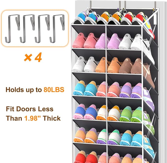 UVIAHOMI 20-30 Pairs Over the Door Shoe Organizer, Clear Pockets Hanging Shoe Storage for Closet, 10-Tier Door Shoes Rack, Handing Shoes Holder Fit All the Family's Sneakers, Boots, Heels, Dark Grey