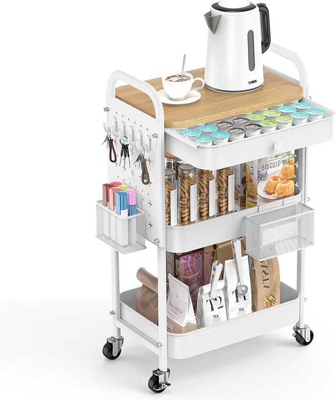 ALVOROG Rolling Cart with Drawer and Wood Table Top, 3 Tier Metal Rolling Utility Cart on Wheels with DIY Pegboards, Hanging Baskets, Hooks for Kitchen, Bedroom, Office, Craft Supplies