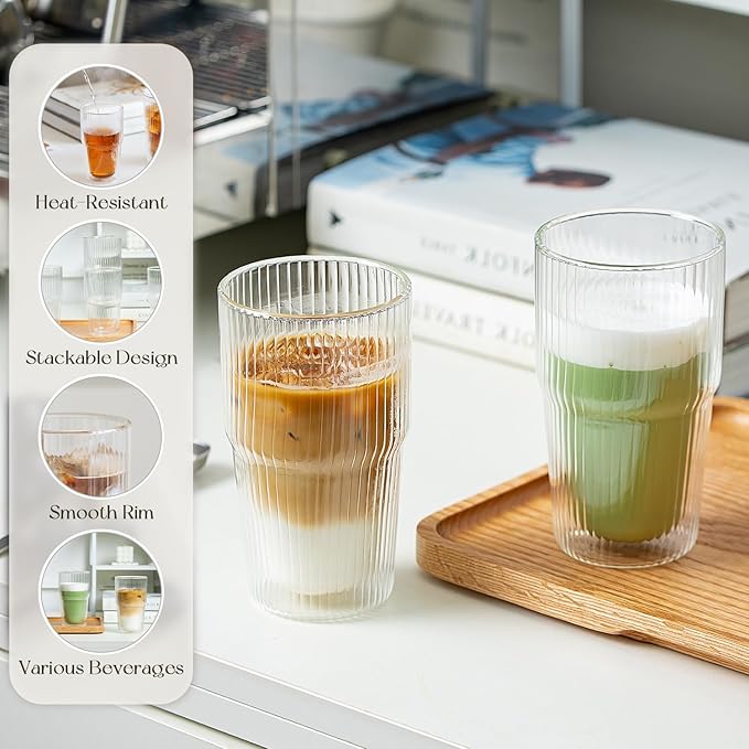 KEMORELA Iced Coffee Cups 16oz Ribbed Double Wall Glass Cups 2PCS, Coffee Bar Accessories，Insulated Borosilicate Glass Tumblers, To Go Coffee Cups, Spill proof tumbler,tumblers & water glasses