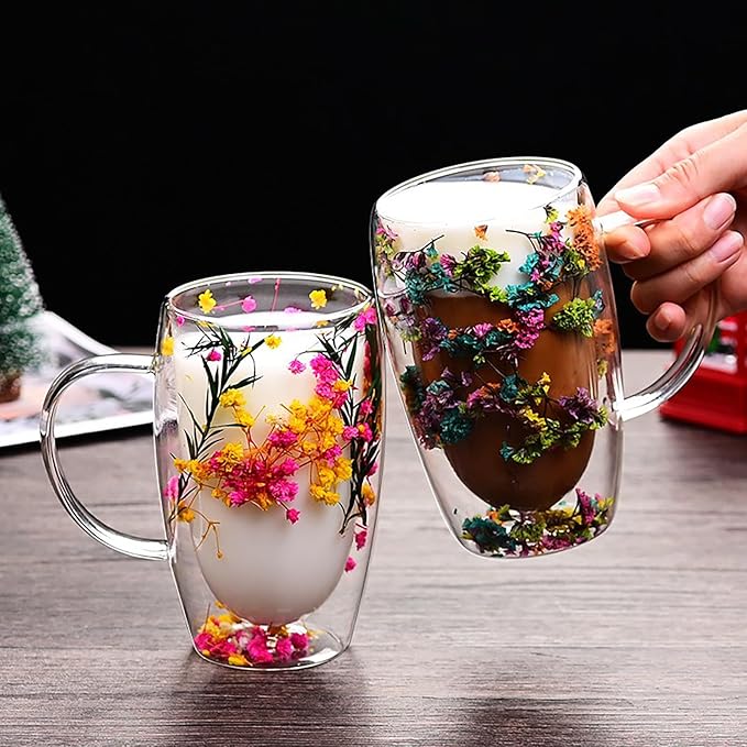 Creative Flowers Double Wall Clear Glass Coffee Mug with Handle, Aesthetic Dried Flowers Coffee Mug, Clear Double Insulated Glass Cup for Hot and Cold Beverages, Cappuccino, (C)