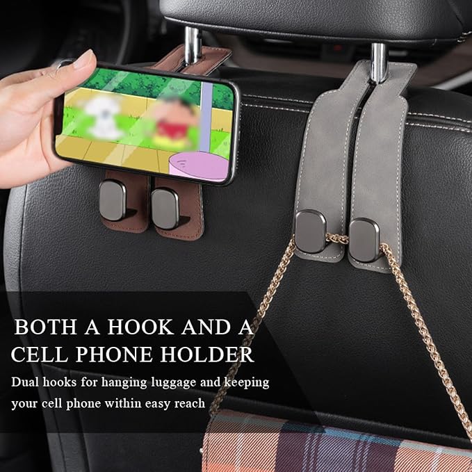 2 PCS Car Seat Headrest Hook, Back Seat Hanger with Double Flexible Leather Hooks, Soft Leather Double Headrest Metal Hooks Purse Handbag Organizer, Car Accessories (Brown)