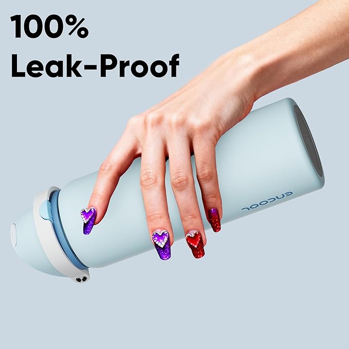 Insulated Water Bottle with Straw - Encool Stainless Steel Water Bottle with Push Button Lid, Leak-Proof & BPA-Free, Keeps Cold for 24 Hours for Sports, Travel, Gym (32 oz, Jungle Mist)