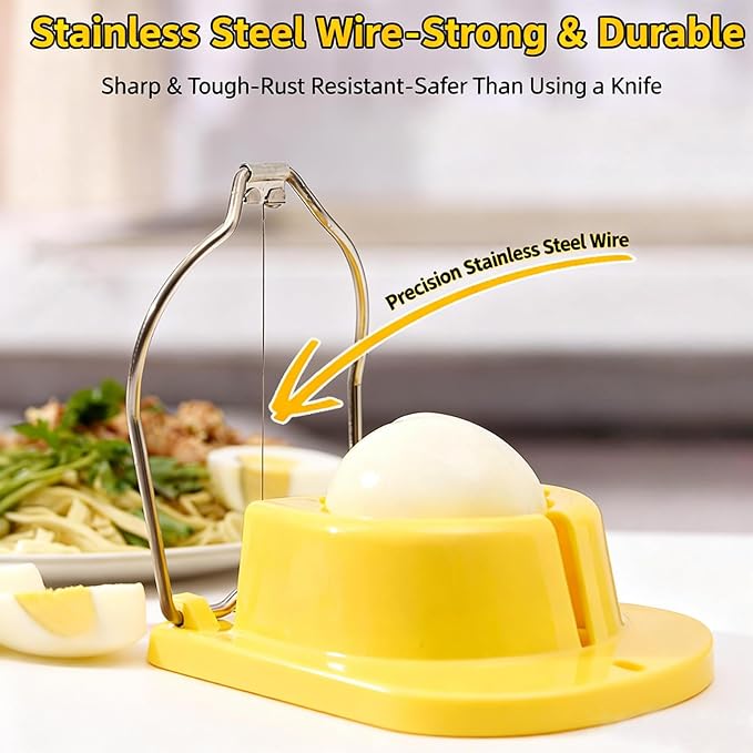Egg Slicer, Semi-Round Curved Yellow Egg Cutter for Hard Boiled Eggs – Stainless Steel Wire Cutter with Ergonomic Handle for Salad, Cobb Salad, Avocado Toast & Food Garnish, Easy to Clean (1)