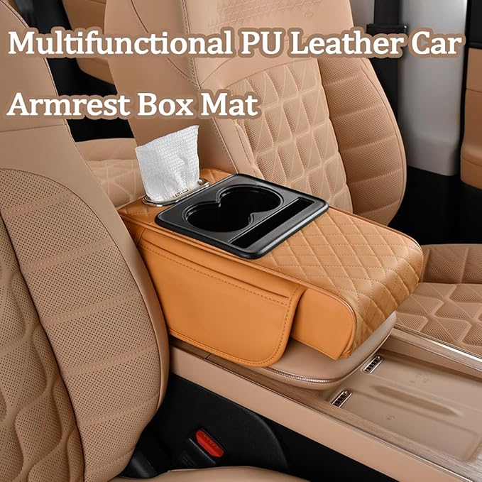 Multifunctional Pu Leather Car Armrest Box Mat, 5-In-1Multifunctional Car Armrest Cushion, Car Arm Rest Cover Pad, Center Console Organizer with Cup Holder, Tissue Box & Phone Slot (Gray)