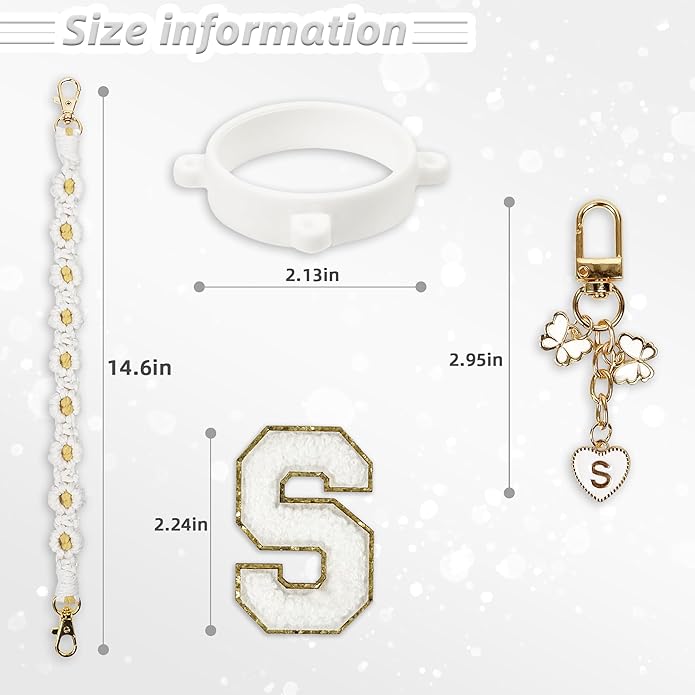Compatible with Owala Water Bottle Accessories, Cute Letter Charm Set with Boho Handle Strap, Monogram Sticker, Silicone Ring, Keychain Decoration, for FreeSip 24 32 40oz, Owala Kids, Tumbler Gift