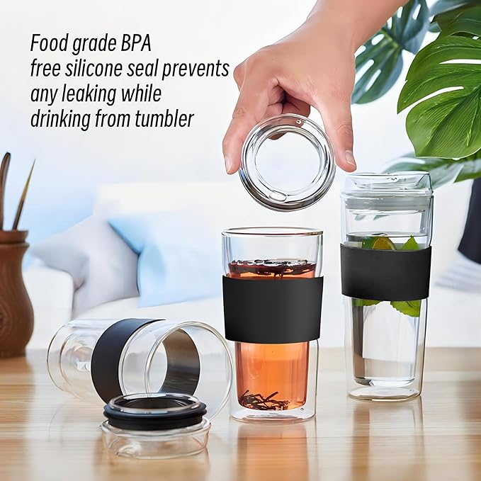 Double Wall Glass Tumbler 14 ounce All Glass Reusable Insulated Tea/Coffee Mug & Lid, Hand Blown Glass Travel Mug No Leaks, Silicone Grip for Easy Carry, Natural Taste