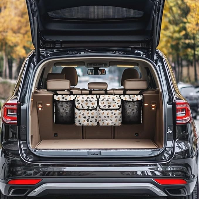 Dog Paw Car Trunk Organizer Backseat Cargo Storage Bag with Elastic Net Collapsible Pouch Backseat Storage Organizer Bag SUV, Truck, MPV Car Accessories
