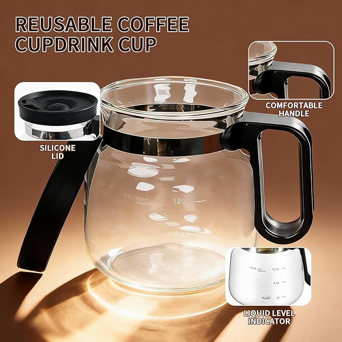 16 Oz Glass Coffee Pot Mug, Mini Coffee Pot Cup, Novelty Heatproof Large Capacity Clear Cup with Handle & Spill Proof Lid, Comes Straw & Coasters, Talk About for Coffee Lovers & Office Desk