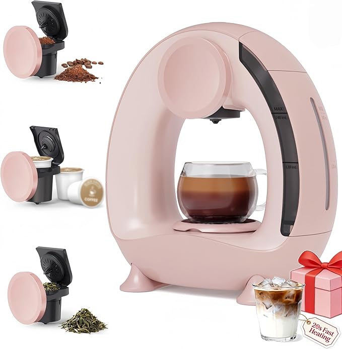 3 in 1 Single Serve Coffee Maker for K Cup Pink, Ground and Tea Leaves, Mini K Cup Coffee Brewer with One Button Operation, 1400W 20s Fast Heating,Compact for Small Spaces-Glass not included