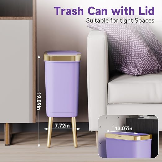 Procade 4 Gallon Bathroom Trash Can with Lid, Small Purple Garbage can with Pop-Up Lid and Legs, Tall Plastic Dog Proof Trash Bin,Narrow Waste Basket for Bedroom,Toilet, Office, rv, Living Room