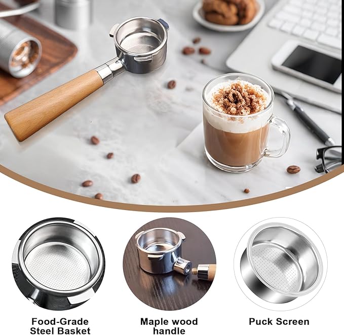 NKU 51mm Bottomless Portafilter 3 Ears with Puck Screen & Filter Basket, Natural Wood Handle, Fits CASABREWS CM5418 & 3700 Series Espresso Machines
