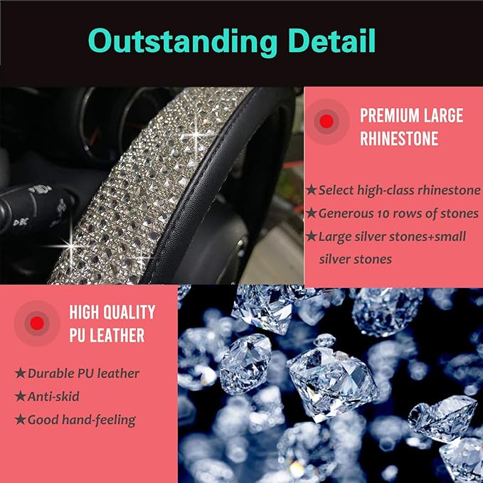 PINCTROT D Shaped Bling Comfy Steering Wheel Cover with Jumbo Crystal Rhinestones, Anti-Slip Diamond Leather, Flat Bottom 14.5-15 Inch (Silver)