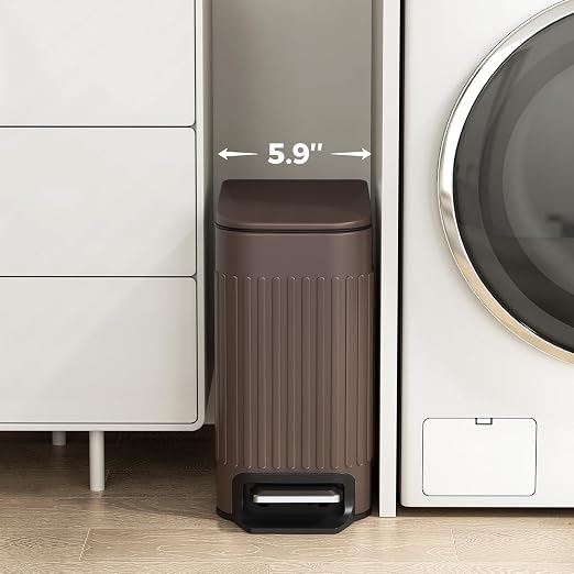 TrashAid Slim Bathroom Trash Can with Lid Soft Close, 6 Liter/1.6 Gallon Stainless Steel Small Garbage Can with Removable Inner Bucket, Step Pedal, Slim Wastebasket for Toilet, Office, Bedroom, Brown