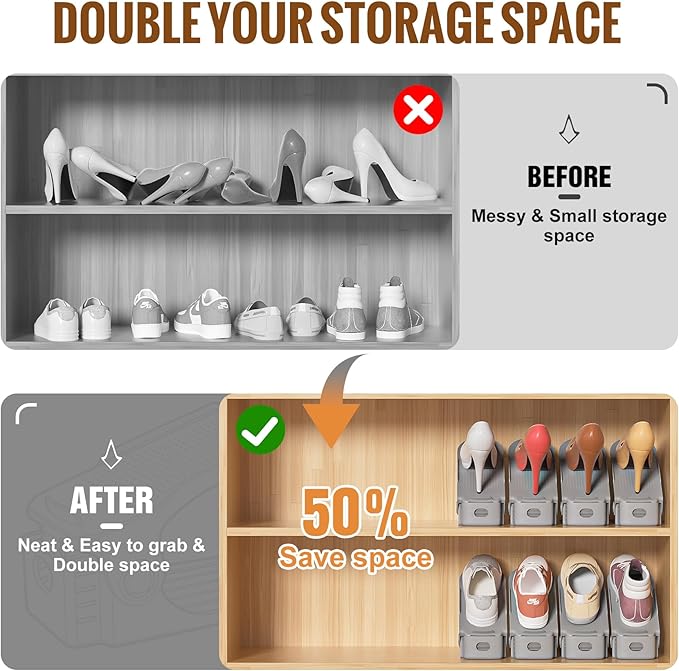 Neprock Shoe Slots Organizer, 20 Pack Adjustable Shoe Rack Stacker Storage Space Saver, Double Deck Shoe Rack Holder for Closet Organization (Grey)