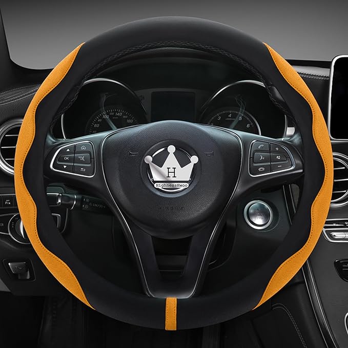 Luxury Suede Steering Wheel Cover for Cars, Soft Leather Padded Wheels Cover for F150, Trucks, Jeep, Van, Auto Thin Large Car Handle Cover, Universal Fit, Anti Slip, 15.2-16in, Orange