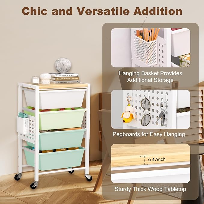 Rolling Cart with Drawers, Rolling Storage Cart with Large Plastic Drawers & Wooden Tabletop, Utility Cart with Pegboards & Basket, Storage Drawers Cart for Living Room, Classroom, Bedroom, Office