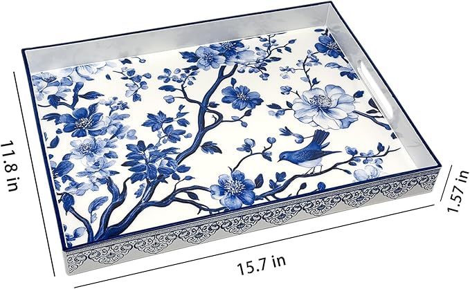Serving Tray with Handles, 15.7 * 11.8 inches, Plastic Ottoman Tray with Exquisite Paintings, Trays for Coffee Table
