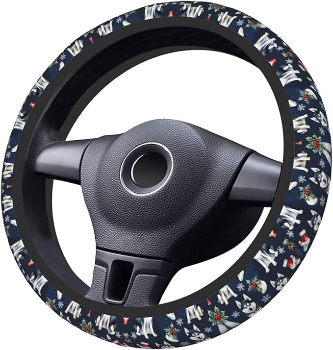 Siberian Husky Christmas Dog Neoprene Steering Wheel Covers Women Men Car Accessories, Universal 15 Inch Fit Auto, Suvs, Truck