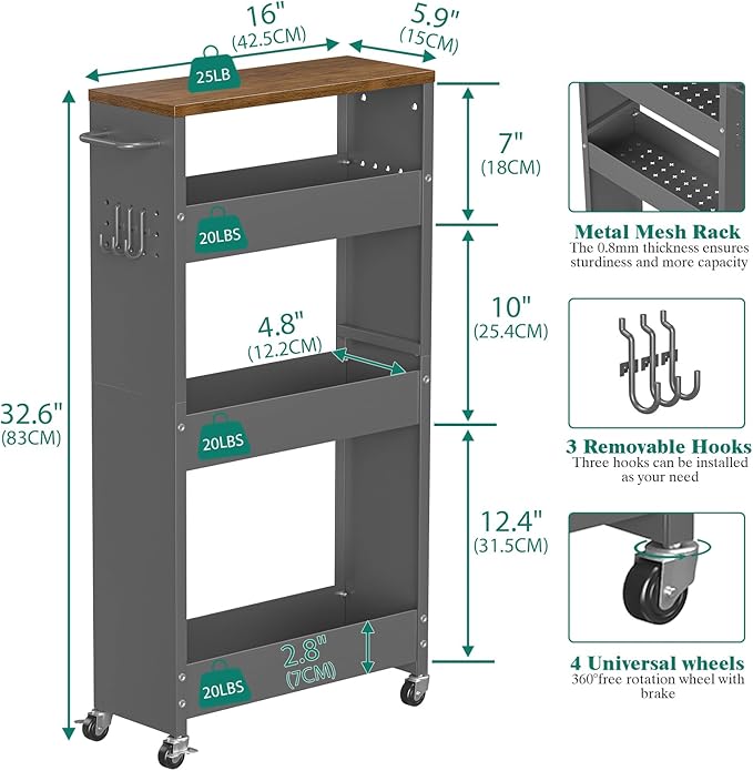 Slim Storage Cart, 4-Tier Kitchen Rolling Cart Narrow Storage Cabinet with Handle & Wheels, Metal Rolling Shelf Unit for Kitchen Bathroom Laundry Small Places (5.9IN/ Gary/Brown)