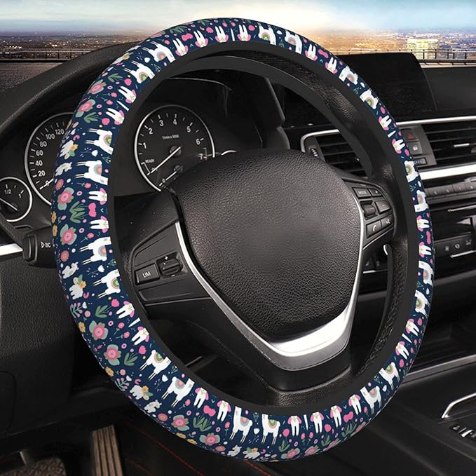 Alpaca-Llama Flower Universal Fit Steering Wheel Cover for Car, Truck, and SUV, Durable Steering Wheel Protection