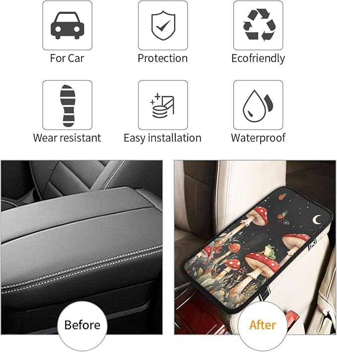 Universal Car Center Console Cushion Pad, Frog Red Mushroom Soft Waterproof Car Center Console Cover Auto Armrest Seat Box Cover Protector for Most Vehicle SUV Truck Car
