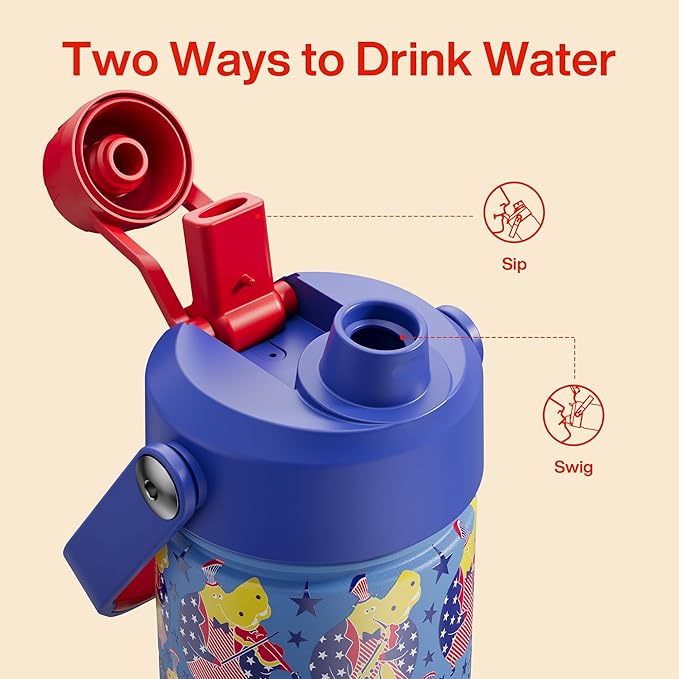 Kids Insualated Water Bottle with Straw,12oz Stainless Steel Water Bottle with Dual Spouts, Leak-Proof,BPA-Free,Double Wall Vacuum Keeps Cold for 24 Hours for Sports,Travel,School (Blue Hippo Parade)