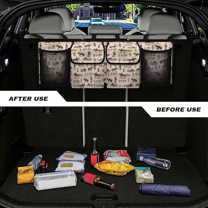 Car Trunk Organizer Hanging Car Organizer Back Seat, Western Cowboy Car Interior Accessories with 2 Pockets & 2 Mesh Pouches for Groceries, Will Provide More Space for SUV, Trucks, Van, Sedan