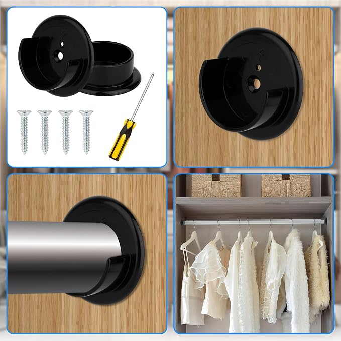 4pcs Closet Rod Holders, Plastic Closet Pole Sockets for 1-3/8" Rods Wardrobe Tube Support Bracket with Screws for Home Bathroom Curtain Clothing Store (Black)