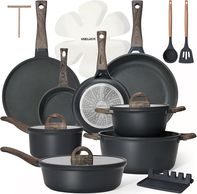 USELUCK Pots and Pans Set Nonstick 22 Pcs, Ceramic cookware set Non-Toxic CoatingGray Granite Kitchen Cookware Set, Induction Kitchen Cooking Set w/Frying Pans & Glass Lids, PFOS & PFOA Free