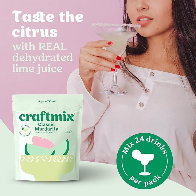 Craftmix Classic Margarita Cocktail & Mocktail Drink Mixer, Skinny Mixes - Water Flavoring Packets - Made With Real Fruit - Vegan, Low-Carb, Low-Sugar, Non-GMO, Dairy Free, Gluten Free, 24 Pack