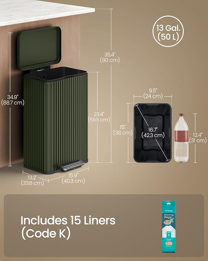SONGMICS Trash Can, 13 Gallon (50 L) Garbage Can for Kitchen, with Lid, Pedal, and Removable Inner Bucket, Soft Close, Stainless Steel, 15 Trash Bags (Code K) Included, Green ULTB586CZ01