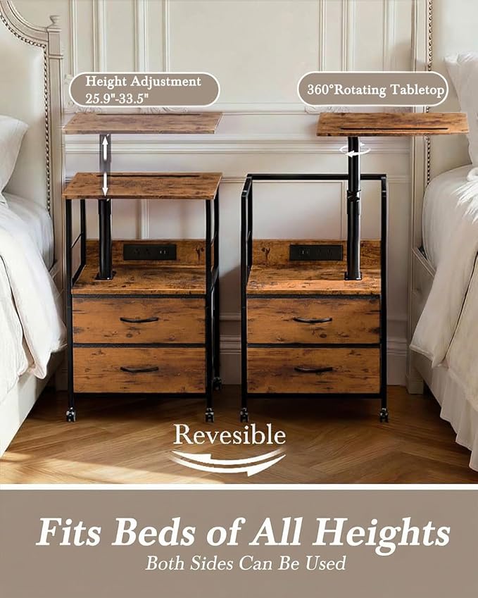 Faesun Swivel Lift Top Nightstand with Charging Station, Rolling Side Table for Recliner, Bedside Table with Wheels & 2 Fabric Drawers, for Small Spaces, for Bedroom, Living Room, Brown