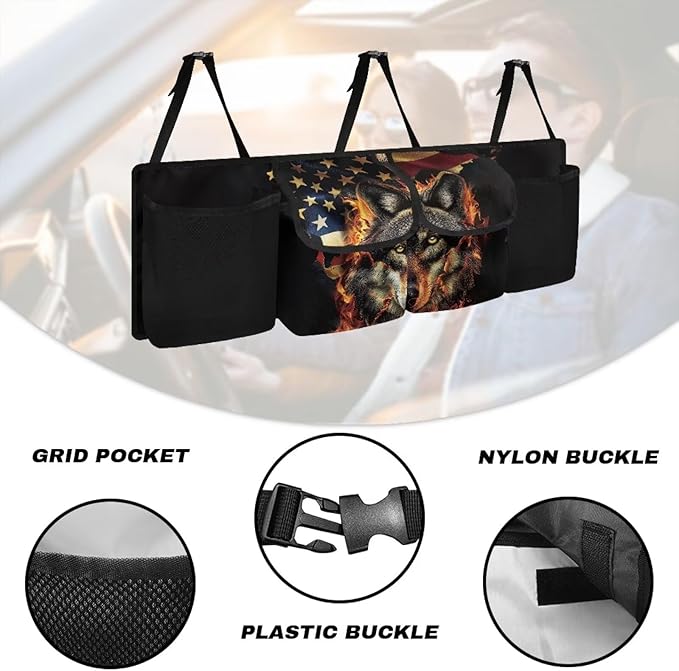 American Flag Wolf Car Trunk Organizer and Storage, Backseat Hanging Organizer for SUV, Truck, Waterproof Cargo Storage Bag with 4 Pockets, Car Interior Accessories for Men Women