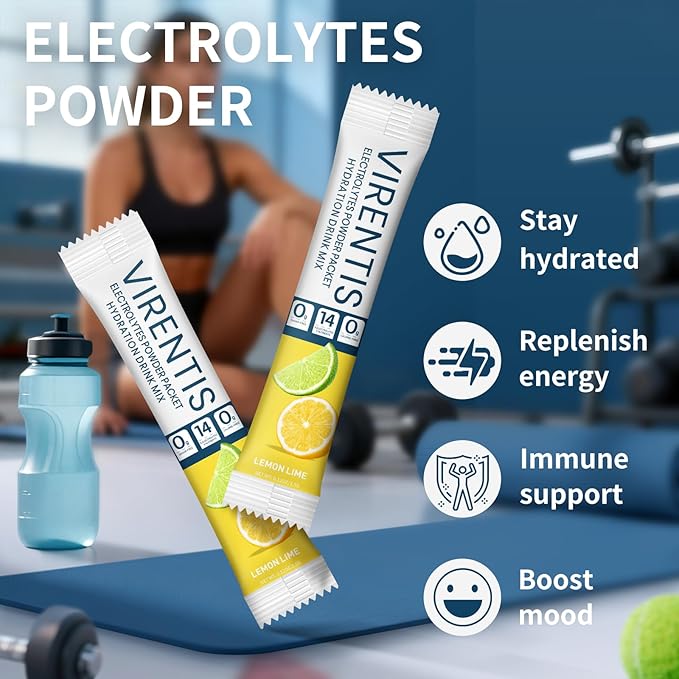 16 Sticks Electrolytes Powder Packets Sugar Free Hydration Packets Liquid Daily IV Electrolyte Drink Mix for Rehydration with 8 Electrolytes & 6 Vitamins, Low Sodium, Lemon Lime